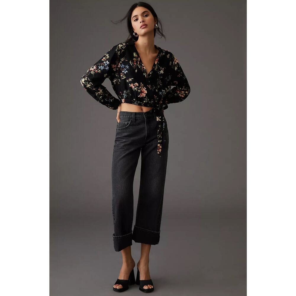 ANTHROPOLOGIE | Pilcro Cropped Waist-Tie Blouse Linen Blend NEW L Boho Floral